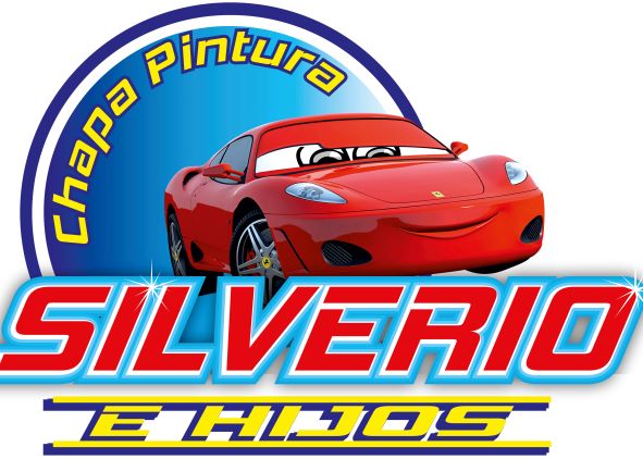 Coche rojo sonriente y logo